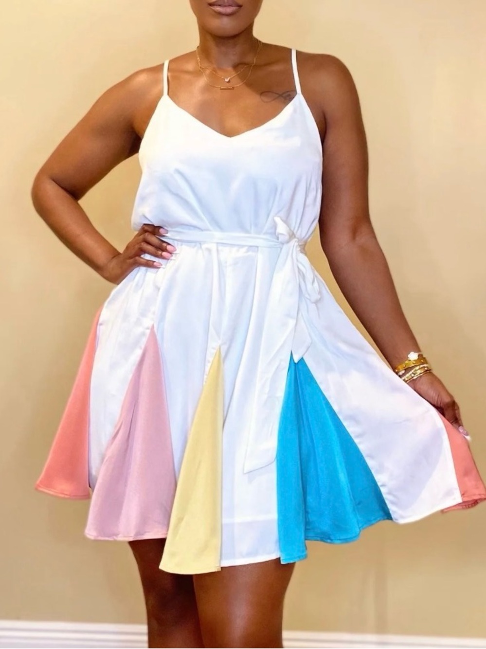 NWT Freckled Poppy BiBi Multi Color Ruffle Sleeveless Dress M Ivory Belted